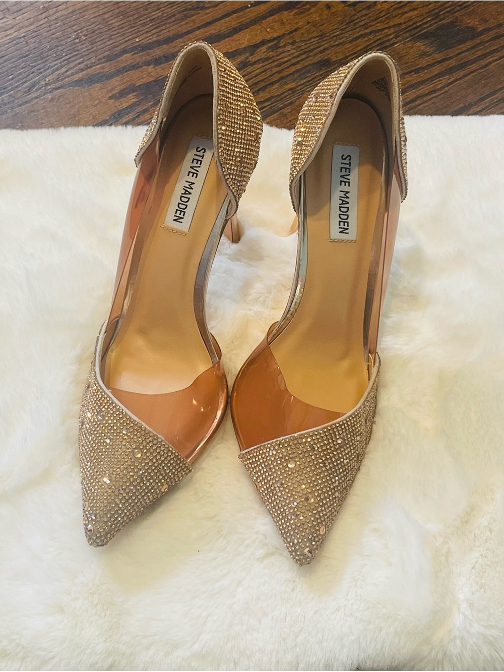 Steve Madden elegant gold Crystal Pointed-Toe Clear Panel Stiletto Heels - Picture 6 of 12